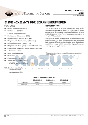 W3EG7262S202JD3 datasheet - 512MB - 2X32Mx72 DDR SDRAM UNBUFFERED