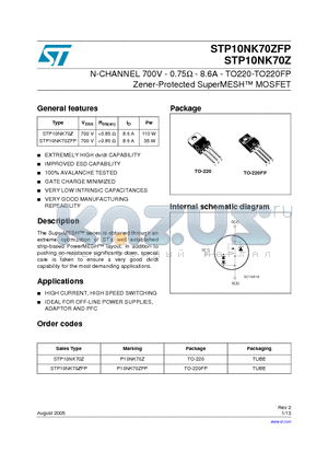 STP10NK70Z datasheet - N-CHANNEL 700V - 0.75Y - 8.6A - TO220-TO220FP Zener-Protected SuperMESH MOSFET