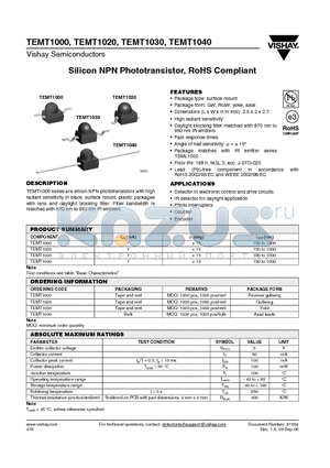 TEMT1020 datasheet - Silicon NPN Phototransistor, RoHS Compliant
