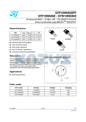 STP10NK80Z datasheet - N-channel 800V - 0.78Y - 9A - TO-220/FP-TO-247 Zener-protected superMESHTM MOSFET