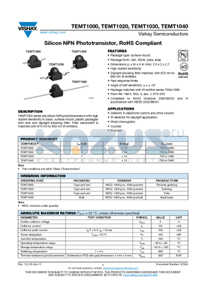 TEMT1030 datasheet - Silicon NPN Phototransistor, RoHS Compliant