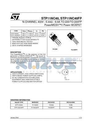 STP11NC40FP datasheet - N-CHANNEL 400V - 0.44ohm - 9.5A TO-220/TO-220FP PowerMESHII Power MOSFET