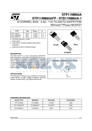 STP11NM60AFP datasheet - N-CHANNEL 600V - 0.4ohm - 11A TO-220/TO-220FP/I2PAK MDmeshPower MOSFET