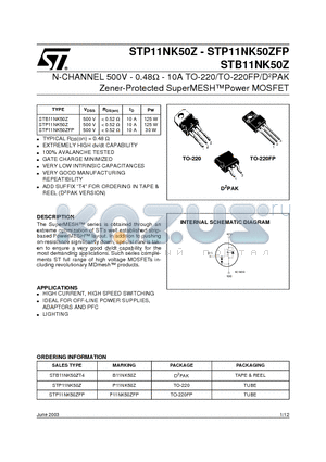 STP11NK50Z datasheet - N-CHANNEL 500V - 0.48ohm - 10A TO-220/TO-220FP/D2PAK Zener-Protected SuperMESHPower MOSFET