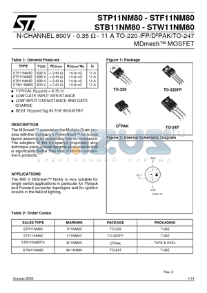STP11NM80 datasheet - N-CHANNEL 800V - 0.35ohm - 11A TO-220/FP/D2PAK/TO-247 MDmesh Power MOSFET