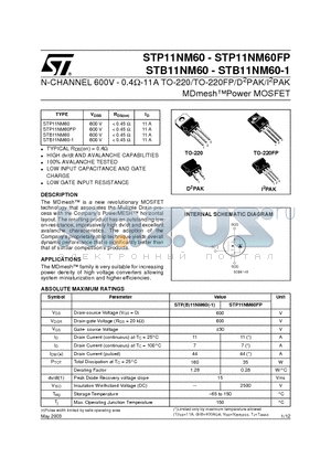 STP11NM60FP datasheet - N-CHANNEL 600V - 0.4ohm-11A TO-220/TO-220FP/D2PAK/I2PAK MDmeshPower MOSFET