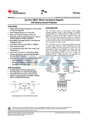 TPS73601DRBT datasheet - Cap-Free, NMOS, 400mA Low-Dropout Regulator with Reverse Current Protection