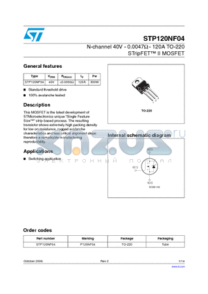 STP120NF04 datasheet - N-channel 40V - 0.0047ohm - 120A TO-220 STripFET II MOSFET