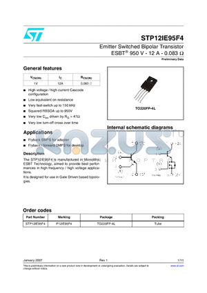 STP12IE95F4 datasheet - Emitter Switched Bipolar Transistor ESBT 950 V - 12A - 0.083 ohm