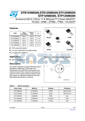STP12NM50N datasheet - N-channel 500 V, 0.29 Y, 11 A MDmesh II Power MOSFET TO-220 - DPAK - D2PAK - I2PAK - TO-220FP