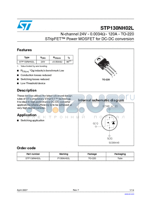 STP130NH02L datasheet - N-channel 24V - 0.0034Y - 120A - TO-220 STripFET Power MOSFET for DC-DC conversion