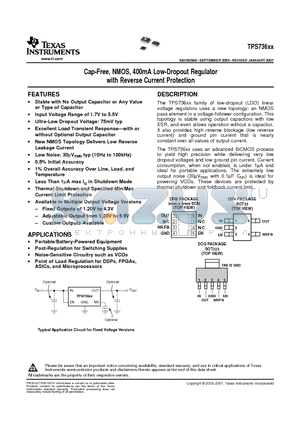 TPS73612DBVG4 datasheet - Cap-Free, NMOS, 400mA Low-Dropout Regulator with Reverse Current Protection