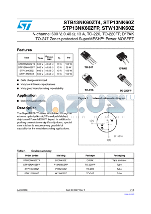 STP13NK60Z datasheet - N-channel 600 V, 0.48 Y, 13 A, TO-220, TO-220FP, D2PAK TO-247 Zener-protected SuperMESH Power MOSFET