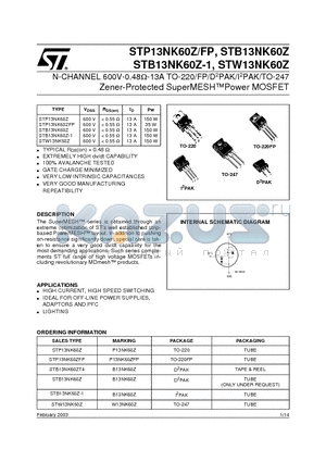 STP13NK60ZFP datasheet - N-CHANNEL 600V-0.48ohm-13A TO-220/FP/D2PAK/I2PAK/TO-247 Zener-Protected SuperMESHPower MOSFET