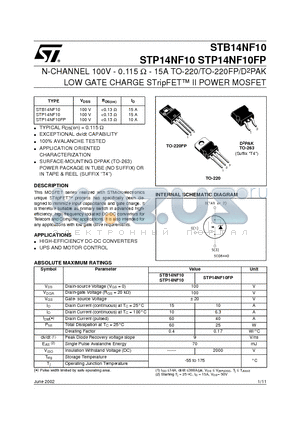 STP14NF10FP datasheet - N-CHANNEL 100V - 0.115 ohm - 15A TO-220/TO-220FP/D2PAK LOW GATE CHARGE STripFET II POWER MOSFET
