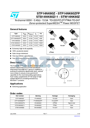 STP14NK60ZFP datasheet - N-channel 600V - 0.45Y - 13.5A TO-220/FP-D2/I2PAK-TO-247 Zener-protected SuperMESHTM Power MOSFET