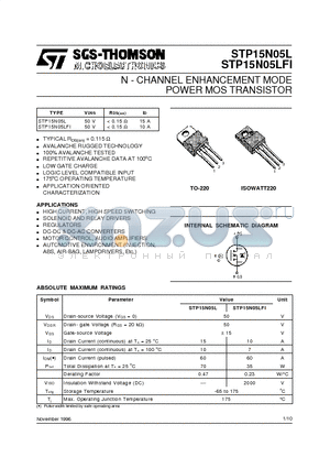 STP15N05LFI datasheet - N - CHANNEL ENHANCEMENT MODE POWER MOS TRANSISTOR