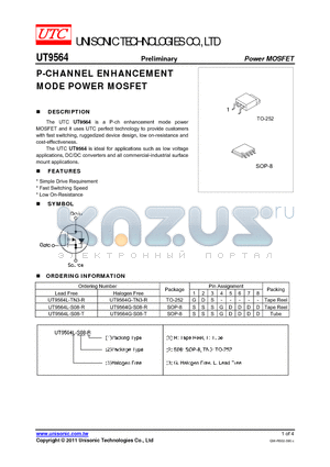 UT9564 datasheet - P-CHANNEL ENHANCEMENT MODE POWER MOSFET