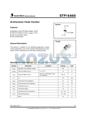 STP16A60 datasheet - Bi-Directional Triode Thyristor