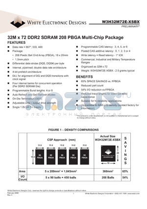 W3H32M72E-400ESI datasheet - 32M x 72 DDR2 SDRAM 208 PBGA Multi-Chip Package