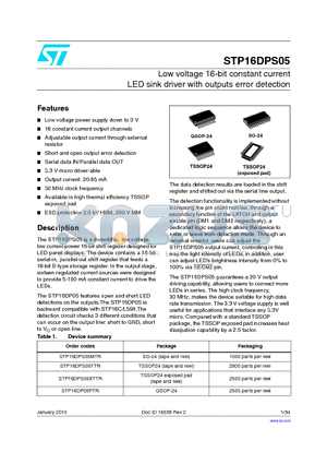 STP16DP05PTR datasheet - Low voltage 16-bit constant current LED Sink driver with outputs error detection