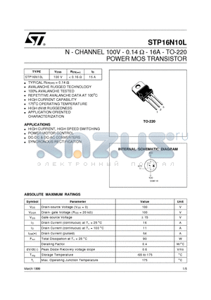 STP16N10L datasheet - N - CHANNEL 100V - 0.14 ohm - 16A - TO-220 POWER MOS TRANSISTOR