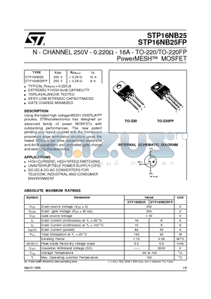 STP16NB25 datasheet - N - CHANNEL 250V - 0.220ohm - 16A - TO-220/TO-220FP PowerMESH MOSFET