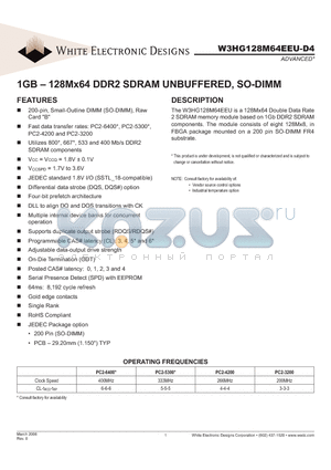 W3HG128M64EEU-D4 datasheet - 1GB - 128Mx64 DDR2 SDRAM UNBUFFERED, SO-DIMM