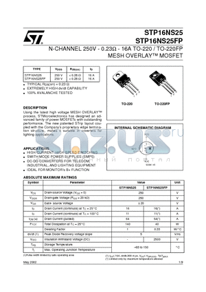 STP16NS25FP datasheet - N-CHANNEL 250V - 0.23ohm - 16A TO-220 / TO-220FP MESH OVERLAY MOSFET