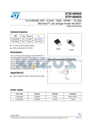 STP180N55 datasheet - N-CHANNEL 55V - 2.9m-ohm - 120A - D-2 PAK - TO-220 MDmesh-TM Low Voltage Power MOSFET