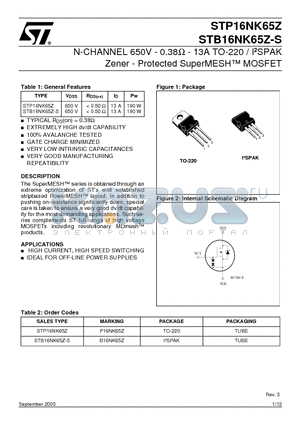 STP16NK65Z datasheet - N-CHANNEL 650V-0.38OHM-13A TO-220 I2SPAK Zener - Protected SuperMESH MOSFET