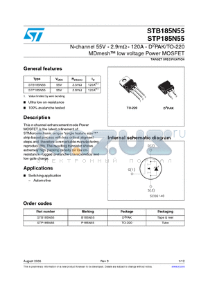 STP185N55 datasheet - N-channel 55V - 2.9mohm - 120A - D2PAK/TO-220