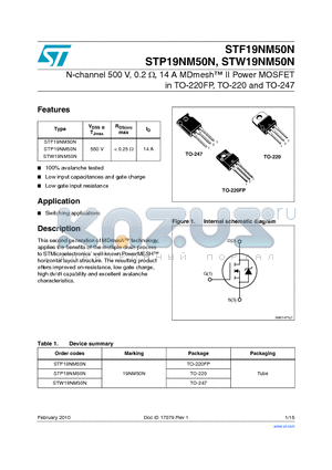STP19NM50N datasheet - N-channel 500 V, 0.2 ohm, 14 A MDmesh II Power MOSFET in TO-220FP, TO-220 and TO-247