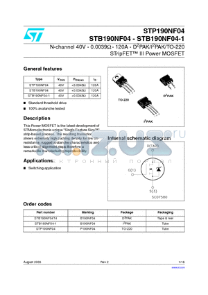 STP190NF04 datasheet - N-channel 40V - 0.0039ohm - 120A - D2PAK/I2PAK/TO-220 STripFET TM III Power MOSFET