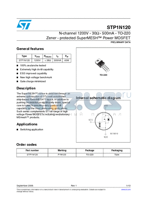 STP1N120 datasheet - channel 1200V - 30Y - 500mA - TO-220 Zener - protected SuperMESH Power MOSFET