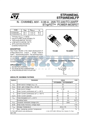 STP20NE06L datasheet - N - CHANNEL 60V - 0.06 ohm - 20A TO-220/TO-220FP STripFET POWER MOSFET