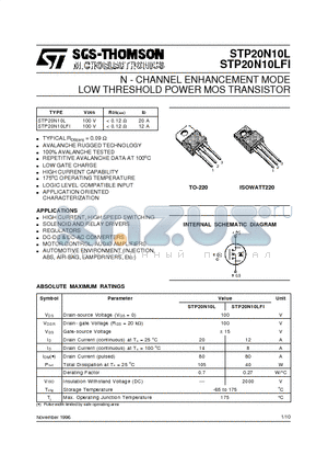 STP20N10LFI datasheet - N - CHANNEL ENHANCEMENT MODE LOW THRESHOLD POWER MOS TRANSISTOR