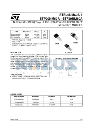 STP20NM60A datasheet - N-CHANNEL 650V@Tjmax - 0.25 Ohm - 20A IbPAK/TO-220/TO-220FP