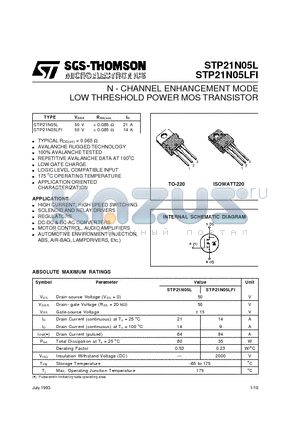 STP21N05LFI datasheet - N - CHANNEL ENHANCEMENT MODE LOW THRESHOLD POWER MOS TRANSISTOR