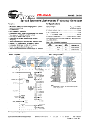 W48S101-04 datasheet - Spread Spectrum Motherboard Frequency Generator