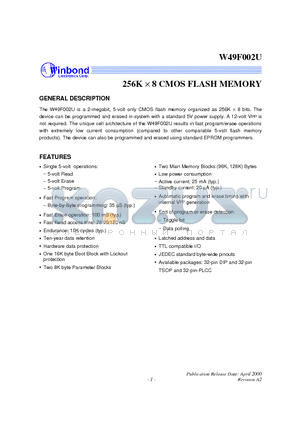 W49F002UP70B datasheet - 256K X 8 CMOS FLASH MEMORY