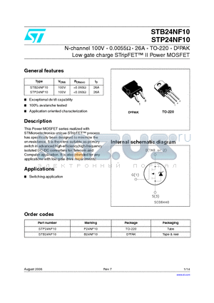 STP24NF10 datasheet - N-channel 100V - 0.0055OHM - 26A - TO-220 - D2PAK Low gate charge STripFET TM II Power MOSFET