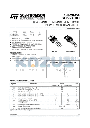 STP2NA50 datasheet - N - CHANNEL ENHANCEMENT MODE POWER MOS TRANSISTOR