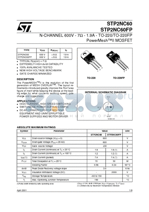 STP2NC60 datasheet - N-CHANNEL 600V - 7ohm - 1.9A - TO-220/TO-220FP PowerMeshII MOSFET