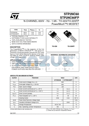 STP2NC60FP datasheet - N-CHANNEL 600V - 7ohm - 1.9A - TO-220/TO-220FP PowerMeshII MOSFET