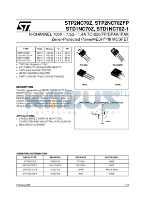 STP2NC70ZFP datasheet - N-CHANNEL 700V - 7.3ohm - 1.4A TO-220/FP/DPAK/IPAK Zener-Protected PowerMESHIII MOSFET