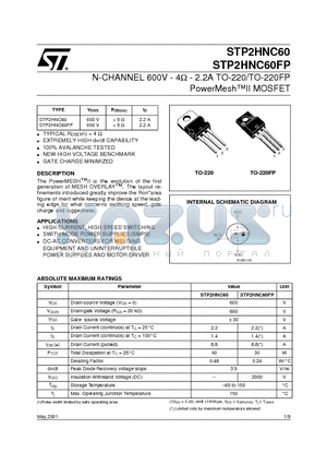 STP2HNC60 datasheet - N-CHANNEL 600V - 4ohm - 2.2A TO-220/TO-220FP PowerMeshII MOSFET