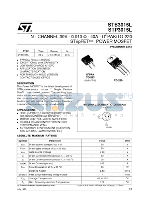 STP3015L datasheet - N - CHANNEL 30V - 0.013 ohm - 40A - D2PAK/TO-220 STripFETO POWER MOSFET