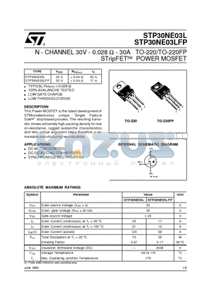 STP30NE03LFP datasheet - N - CHANNEL 30V - 0.028 ohm - 30A TO-220/TO-220FP STripFET  POWER MOSFET