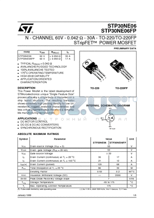 STP30NE06FP datasheet - N - CHANNEL 60V - 0.042 ohm - 30A - TO-220/TO-220FP STripFET  POWER MOSFET